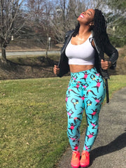 Model wearing Lukafit turquoise squat-proof leggings