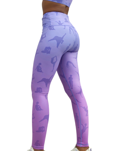 Model wearing Lukafit squat-proof legging in Lavender Ombre color. Photo is a side profile view of her legs in front of a white background