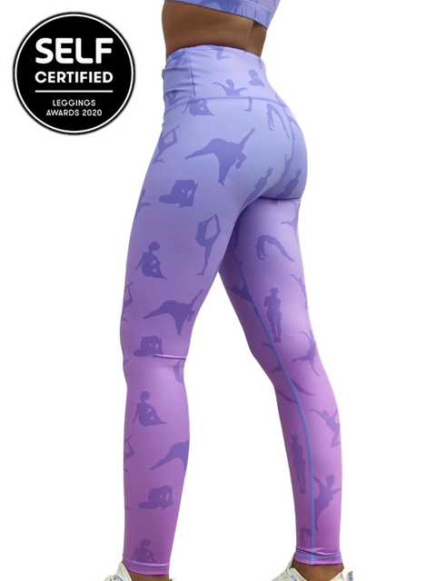 Model wearing Lukafit squat-proof legging in Lavender Ombre color. Photo is a side profile view of her legs in front of a white background